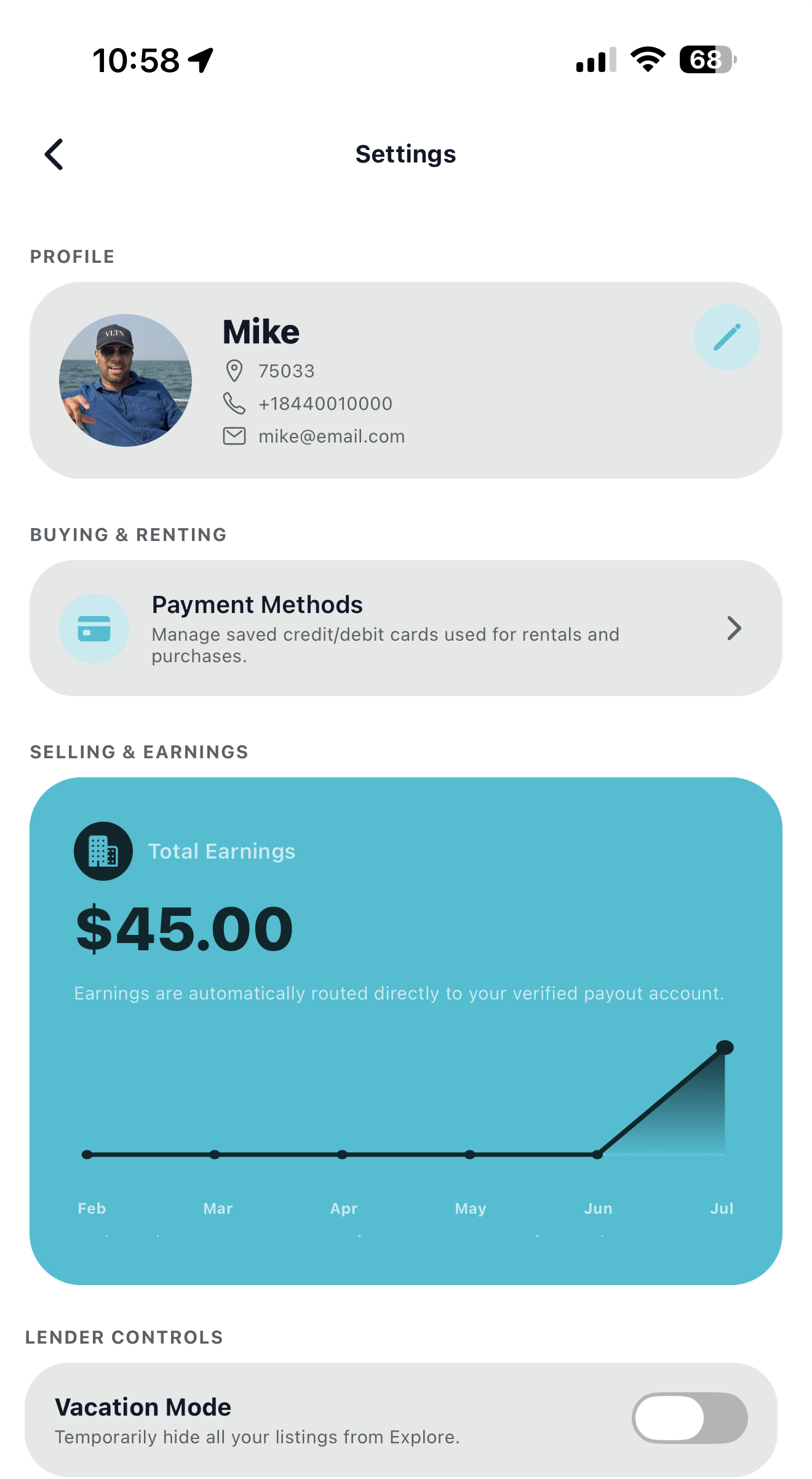 Stuffidy settings screen showing total earnings, payout routing, and lender controls